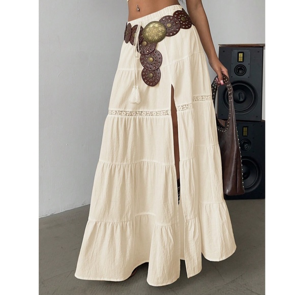 Boho Stretchy Waist lace Insert Split Thigh Maxi Skirt - Picture 3 of 11